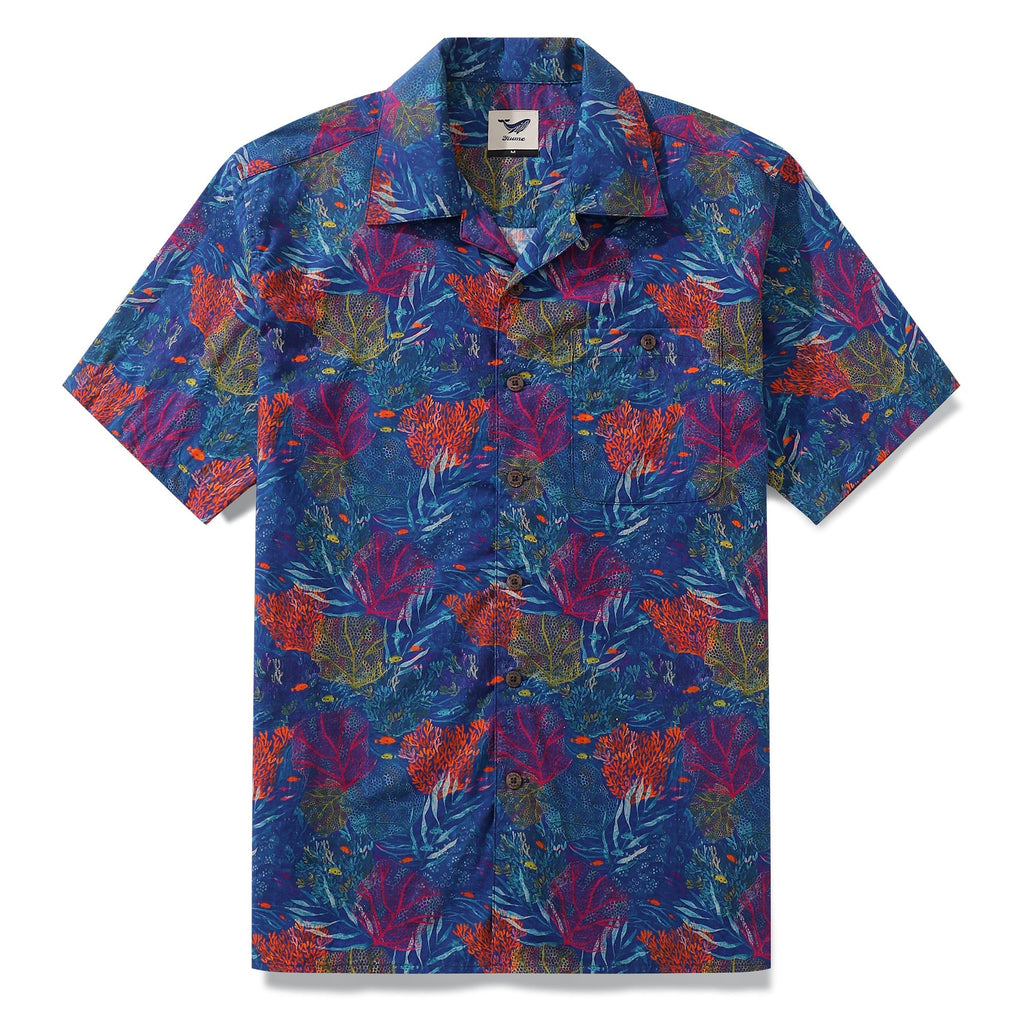 Unisex camp collar shirt with hand-painted aquarium print in navy blue, bright orange, and yellow.
