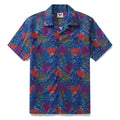 Unisex camp collar shirt with hand-painted aquarium print in navy blue, bright orange, and yellow.