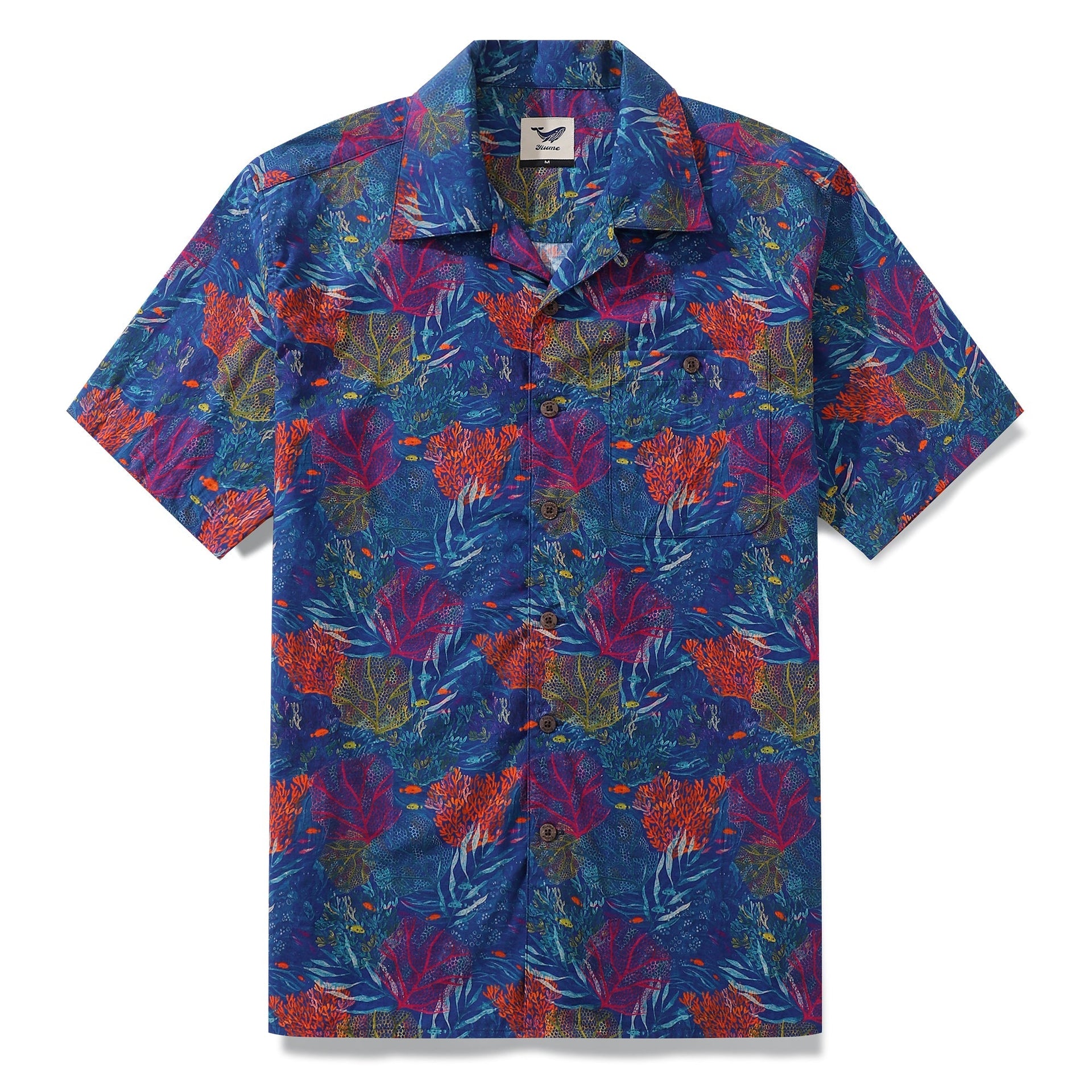 Unisex camp collar shirt with hand-painted aquarium print in navy blue, bright orange, and yellow.