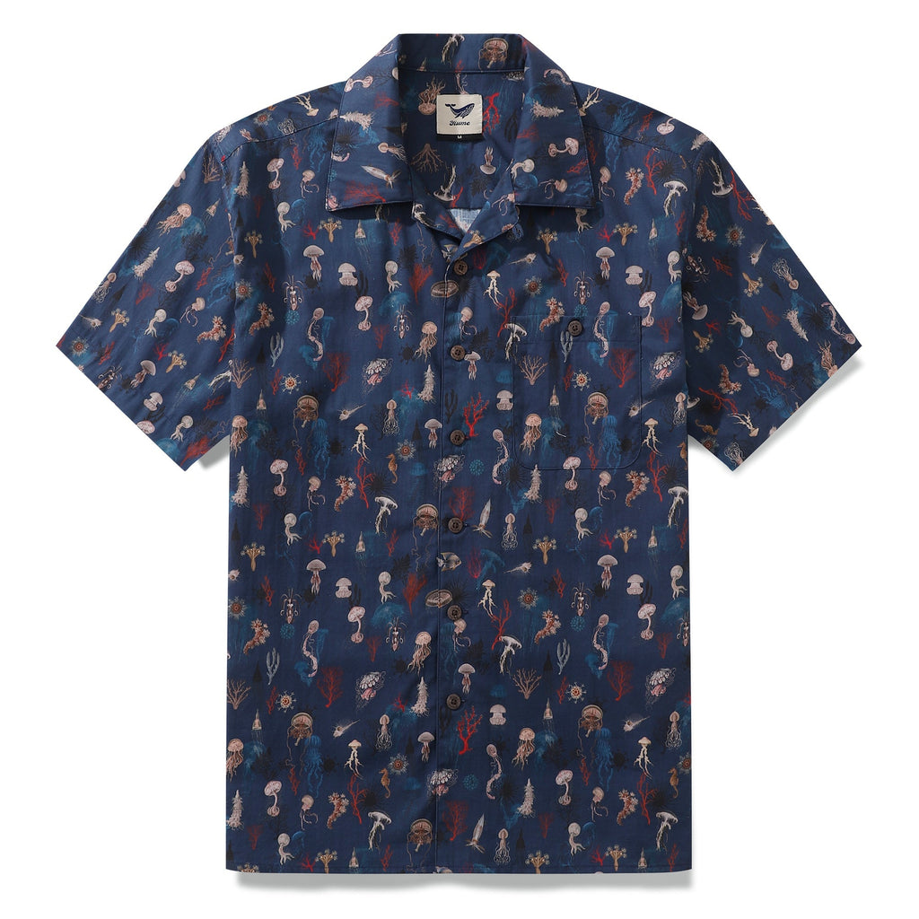 Men's 100% cotton Hawaiian shirt featuring jellyfish and coral print with a camp collar.