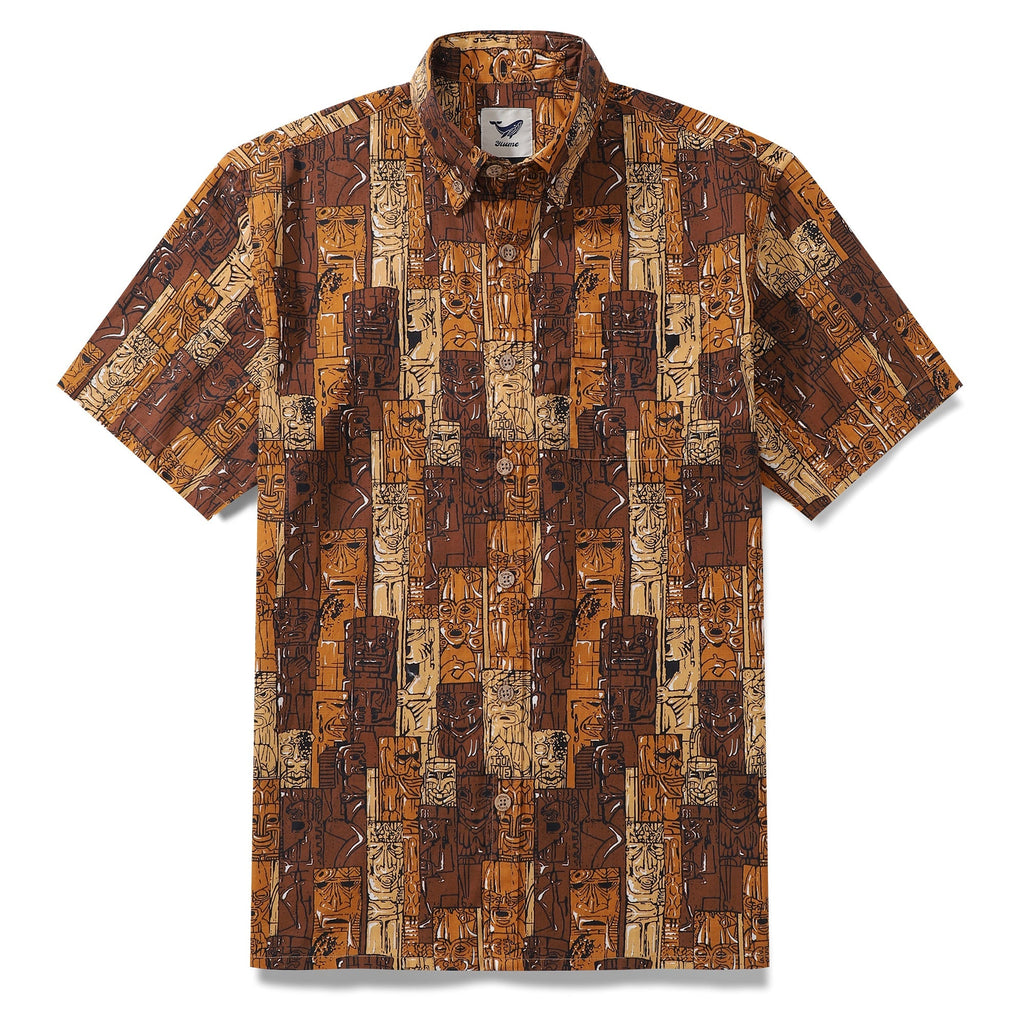 Men's vintage-style Hawaiian shirt featuring a multi-layered Tiki pattern in brown and tan tones.