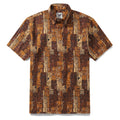 Men's vintage-style Hawaiian shirt featuring a multi-layered Tiki pattern in brown and tan tones.