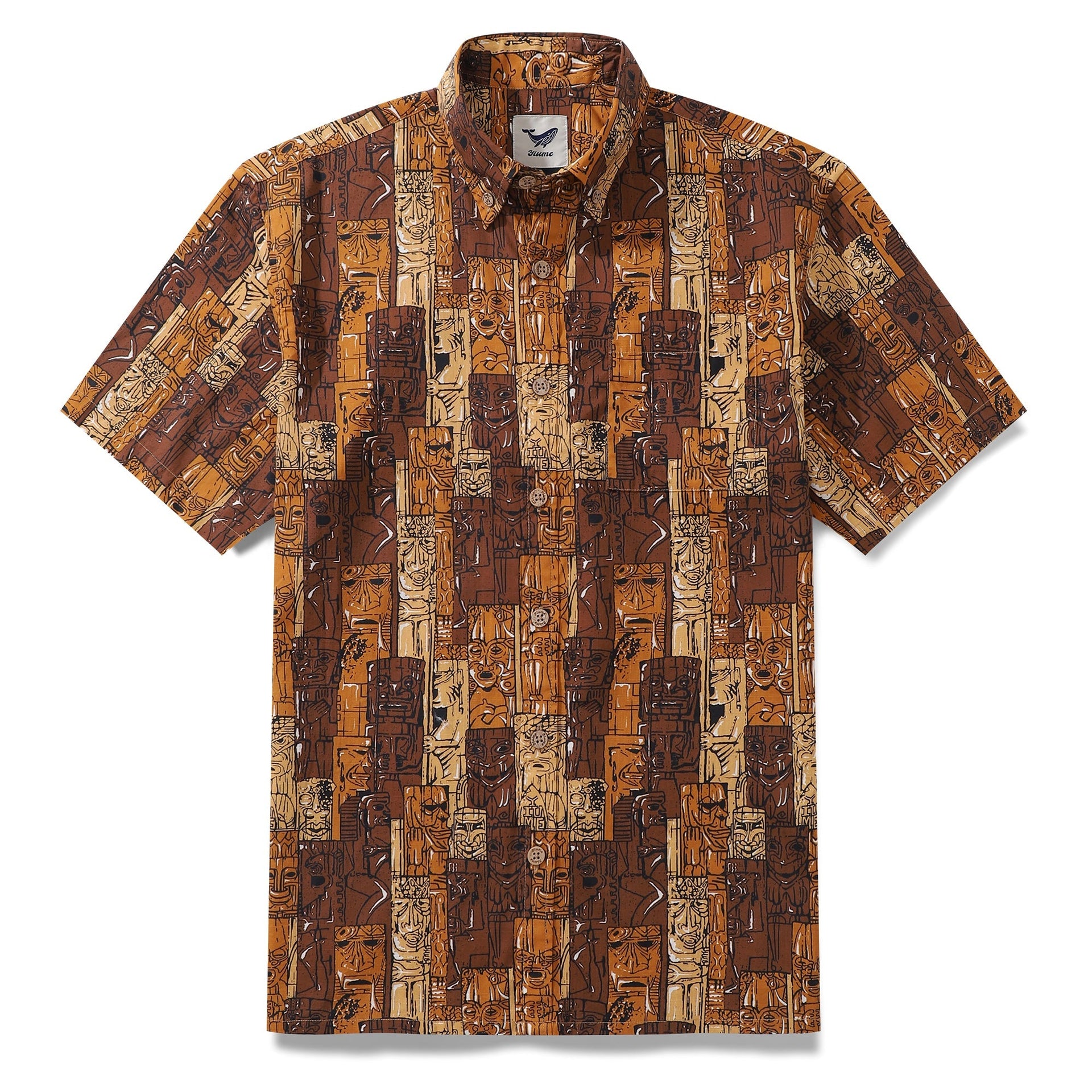 Men's vintage-style Hawaiian shirt featuring a multi-layered Tiki pattern in brown and tan tones.