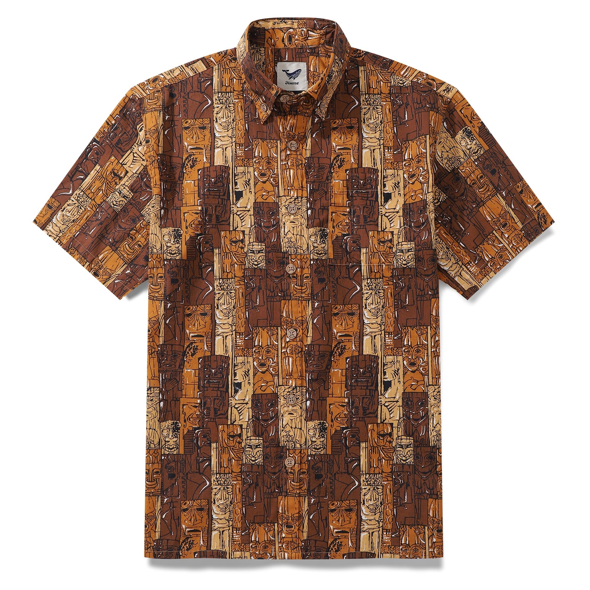 Men's vintage-style Hawaiian shirt featuring a multi-layered Tiki pattern in brown and tan tones.