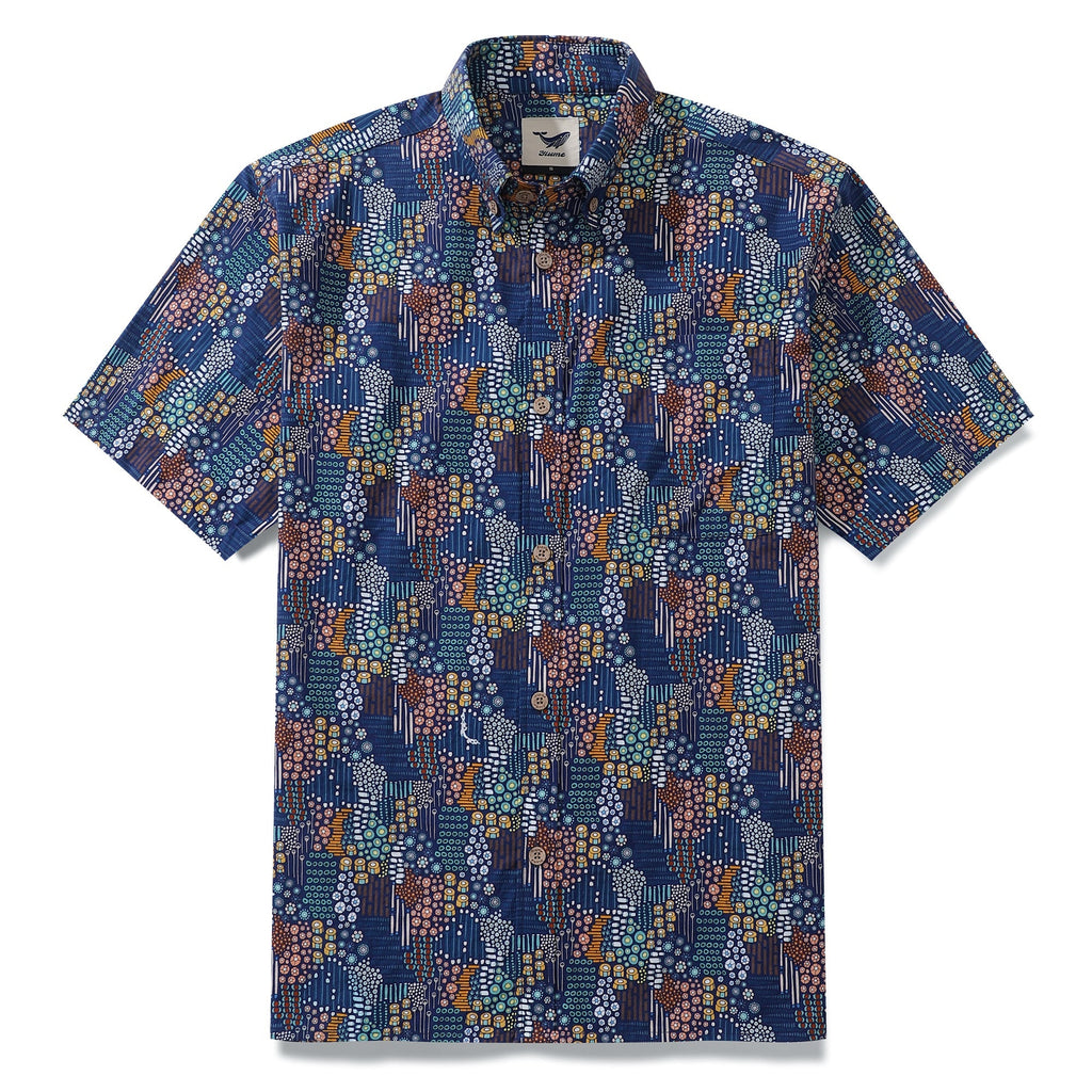 Men's navy blue and multi-color abstract bead pattern short sleeve cotton Hawaiian button-down shirt