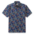 Men's navy blue and multi-color abstract bead pattern short sleeve cotton Hawaiian button-down shirt
