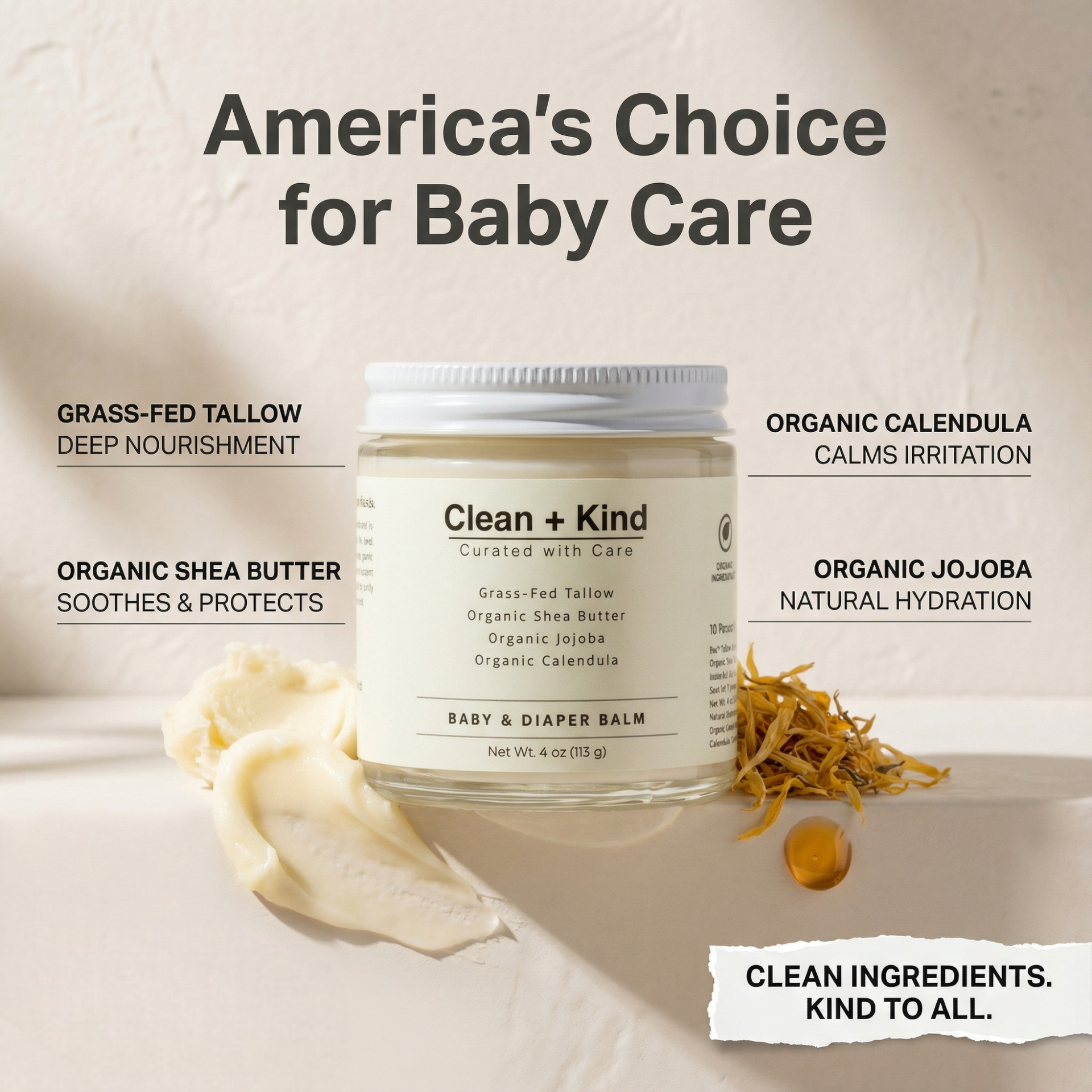 Natural Baby and Diaper Rash Balm with Grass-Fed Tallow 4oz - Image 2