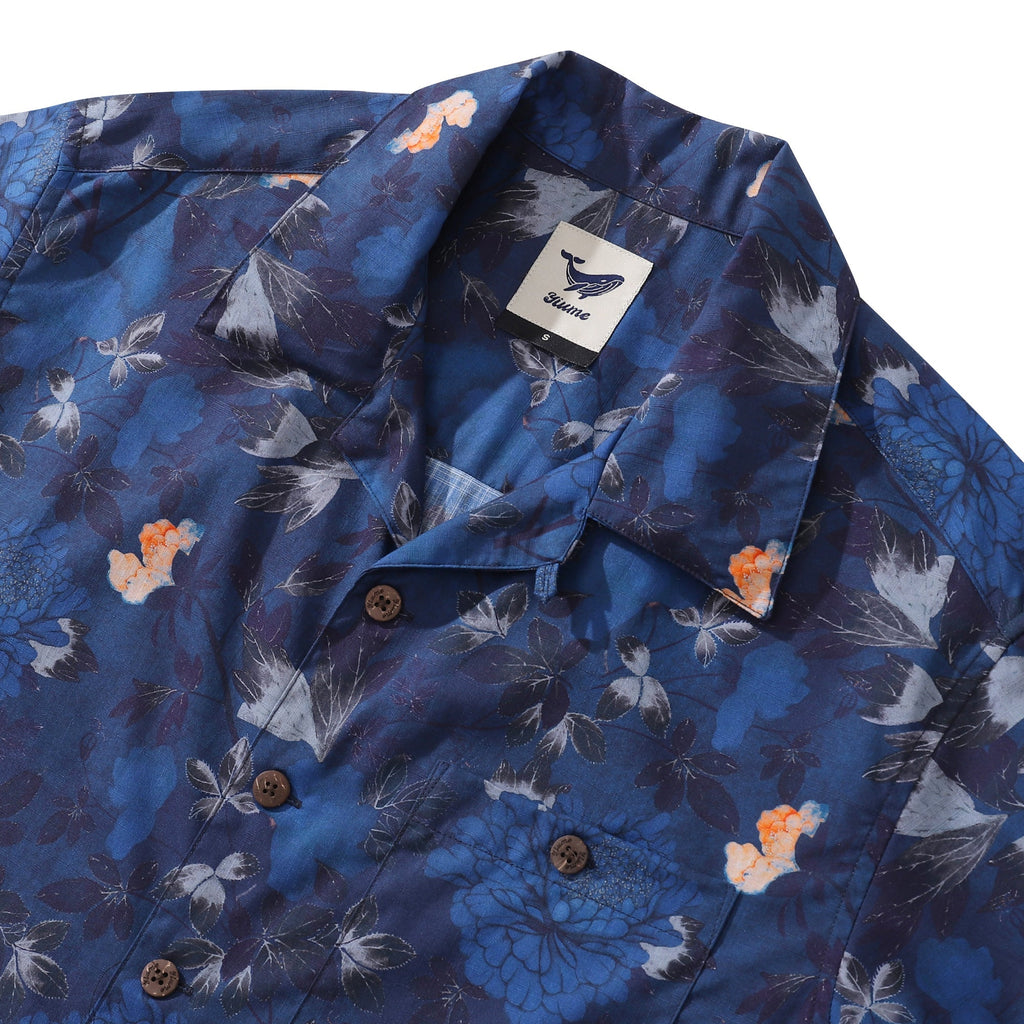 Dark Blue Peony Print Hawaiian Shirt Men's Short Sleeve Cotton