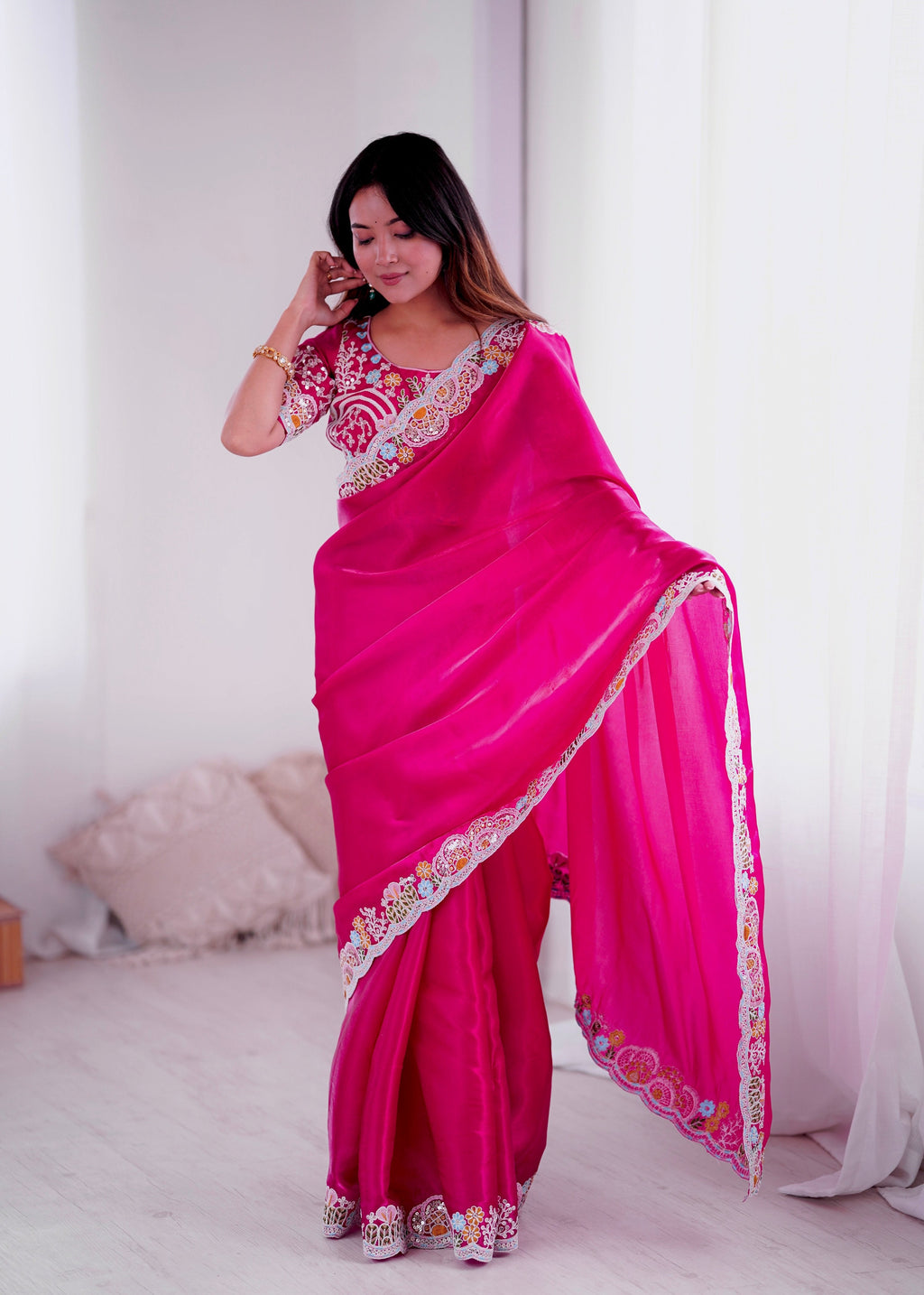 Magenta Jimmy Choo Saree with Sequins and Thread Embroidery Work