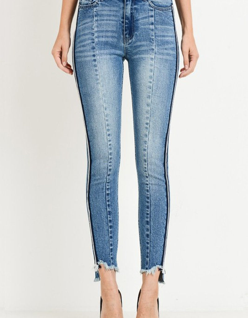 High Waist Skinny Jeans with Side Color Tape Detail