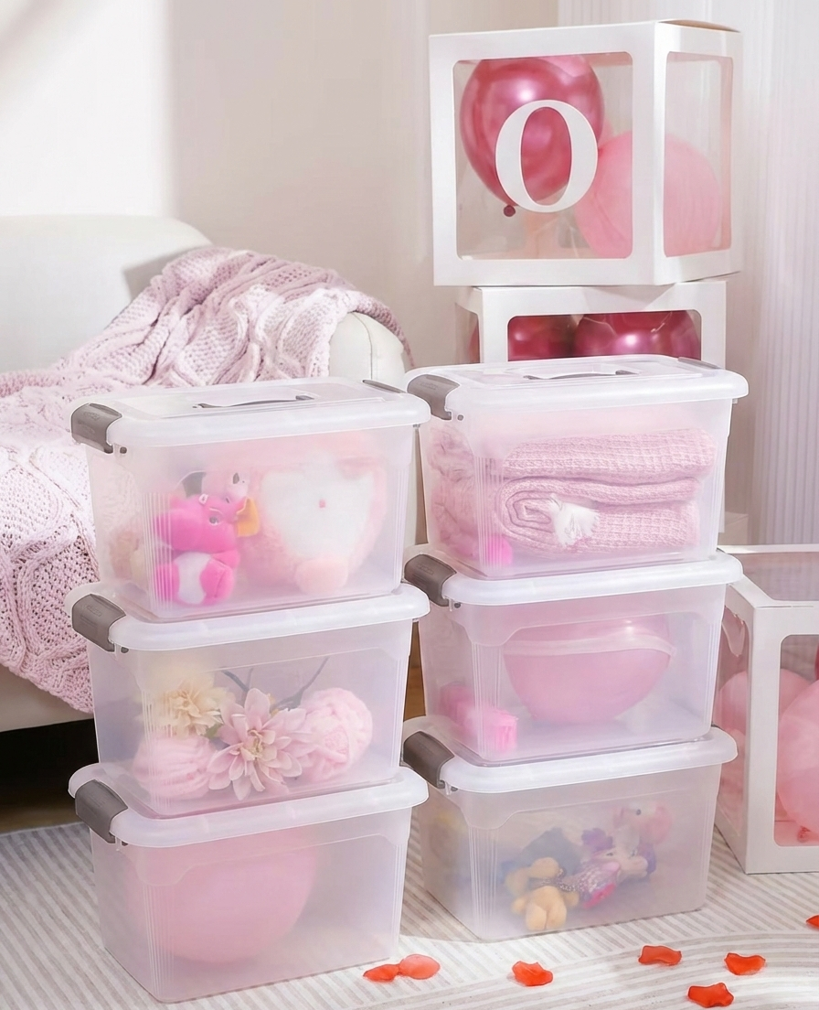 Set of 6 Stackable Clear Plastic Storage Boxes with Handles