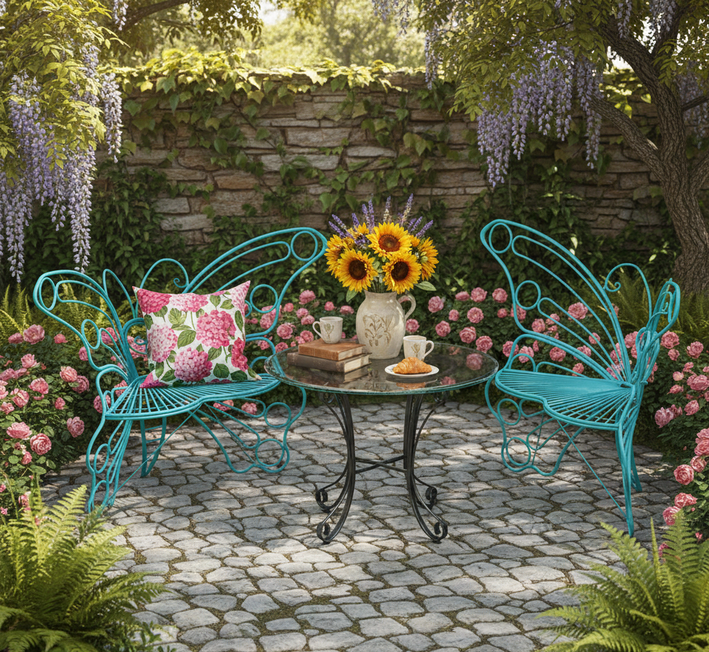 Whimsical 50-inch iron garden bench in teal, lavender, or tan finish for outdoor lawn use