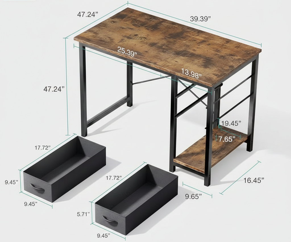 Modern Industrial Computer Desk with Fabric Storage Drawers