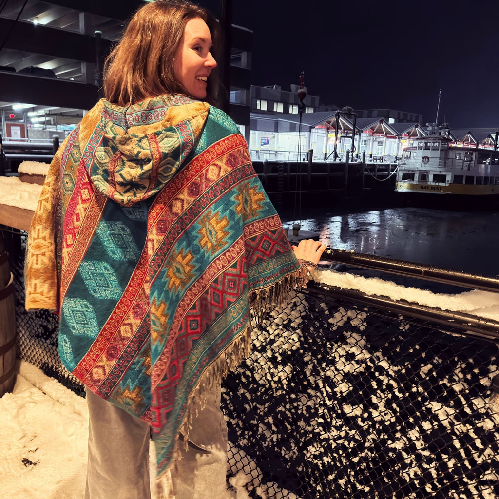 Nanda Hooded Poncho: Warm Wool Blend Boho Style Outerwear