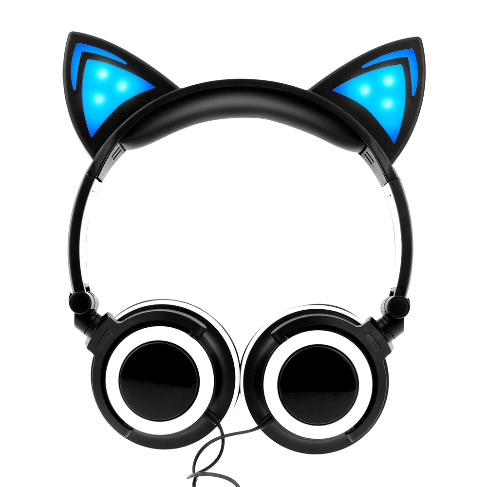 Purple kids headphones with glowing cat ears and 85dB volume protection