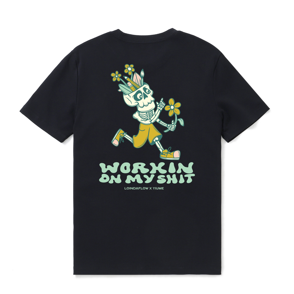 Black graphic t-shirt with inspirational Working on Myself design