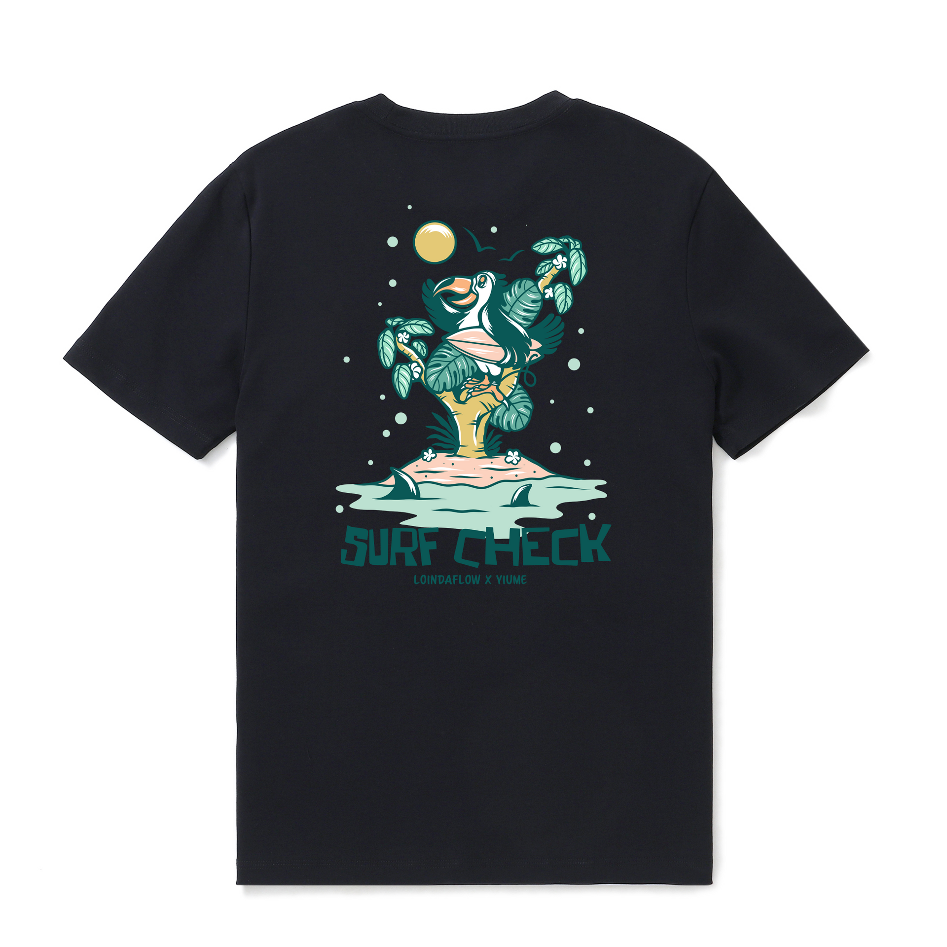 Black crew neck graphic t-shirt with Surf Check design.