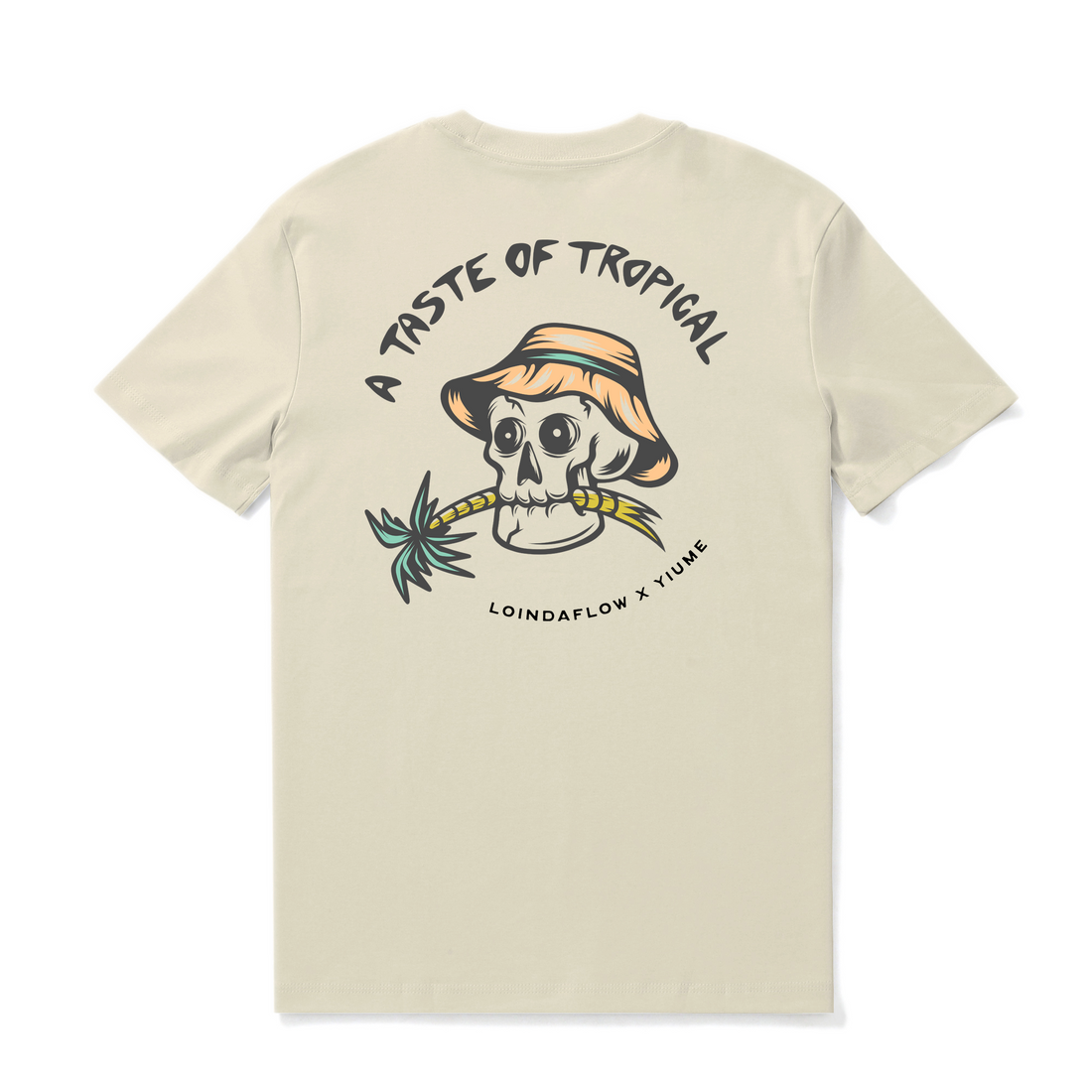 Men's beige tropical graphic t-shirt with crew neck made of 100% cotton