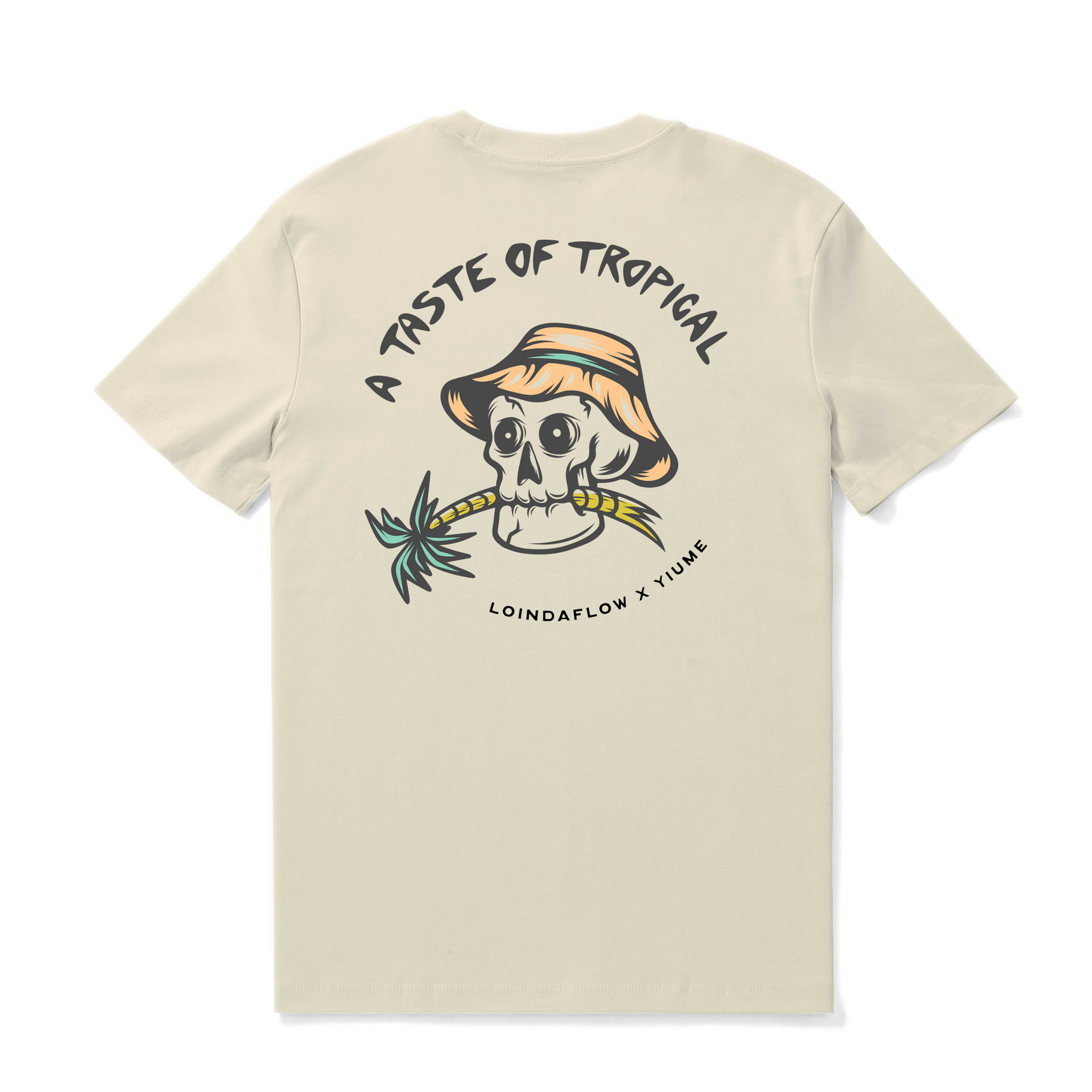 Men's beige tropical graphic t-shirt with crew neck made of 100% cotton