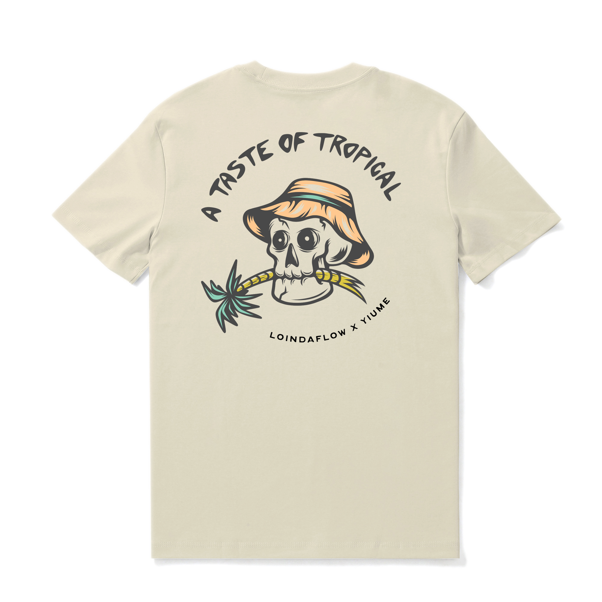 Men's beige tropical graphic t-shirt with crew neck made of 100% cotton