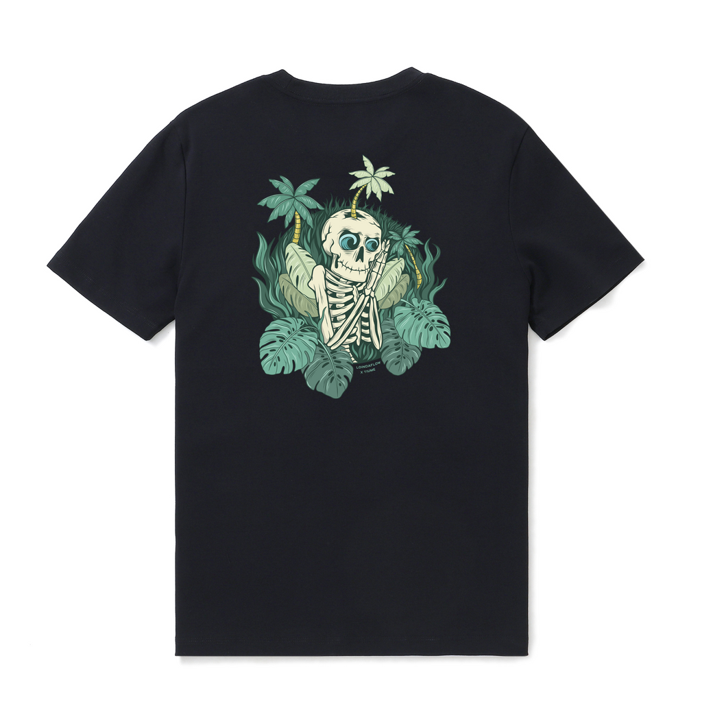 Black crew neck graphic t-shirt with a surf-inspired Mind Surfing design.