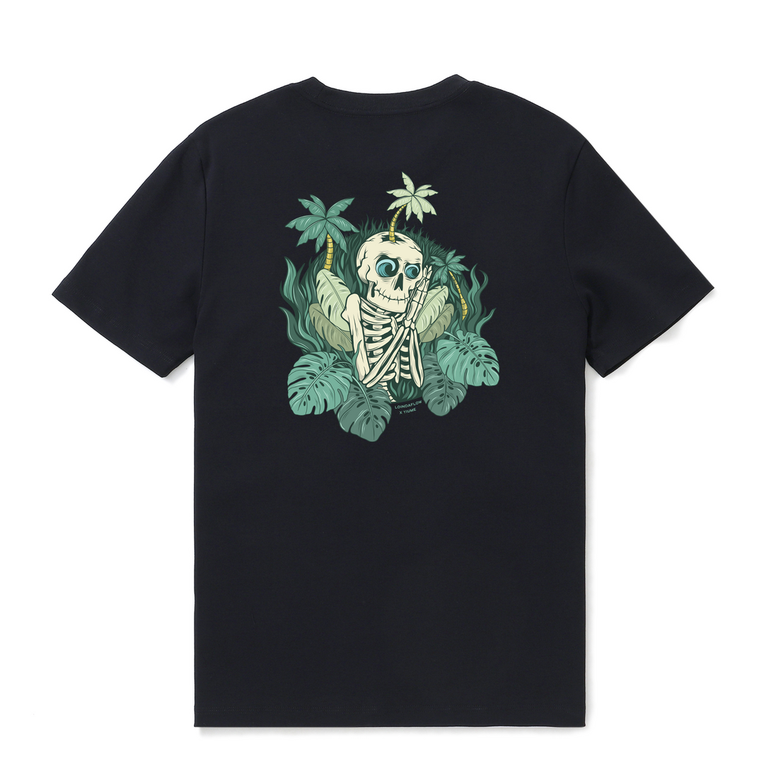 Black crew neck graphic t-shirt with a surf-inspired Mind Surfing design.