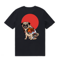 Black short sleeve t-shirt featuring an all-over print of pugs in fun poses.