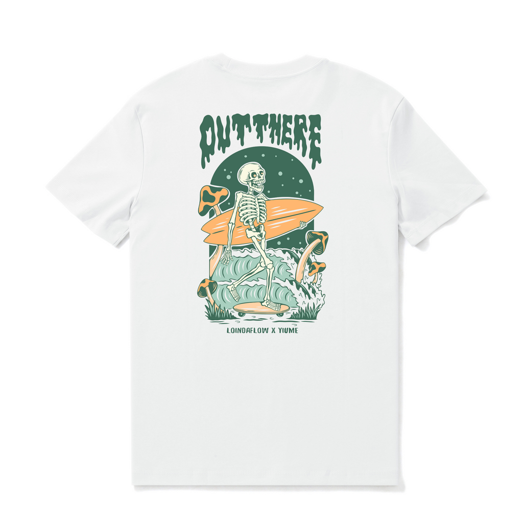 White crew neck t-shirt with Out There graphic print