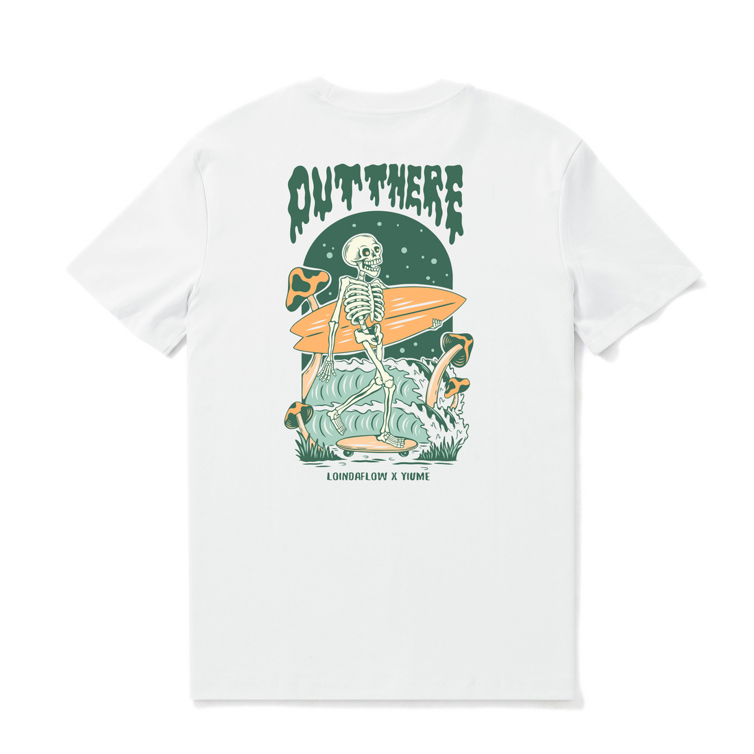 White crew neck t-shirt with Out There graphic print