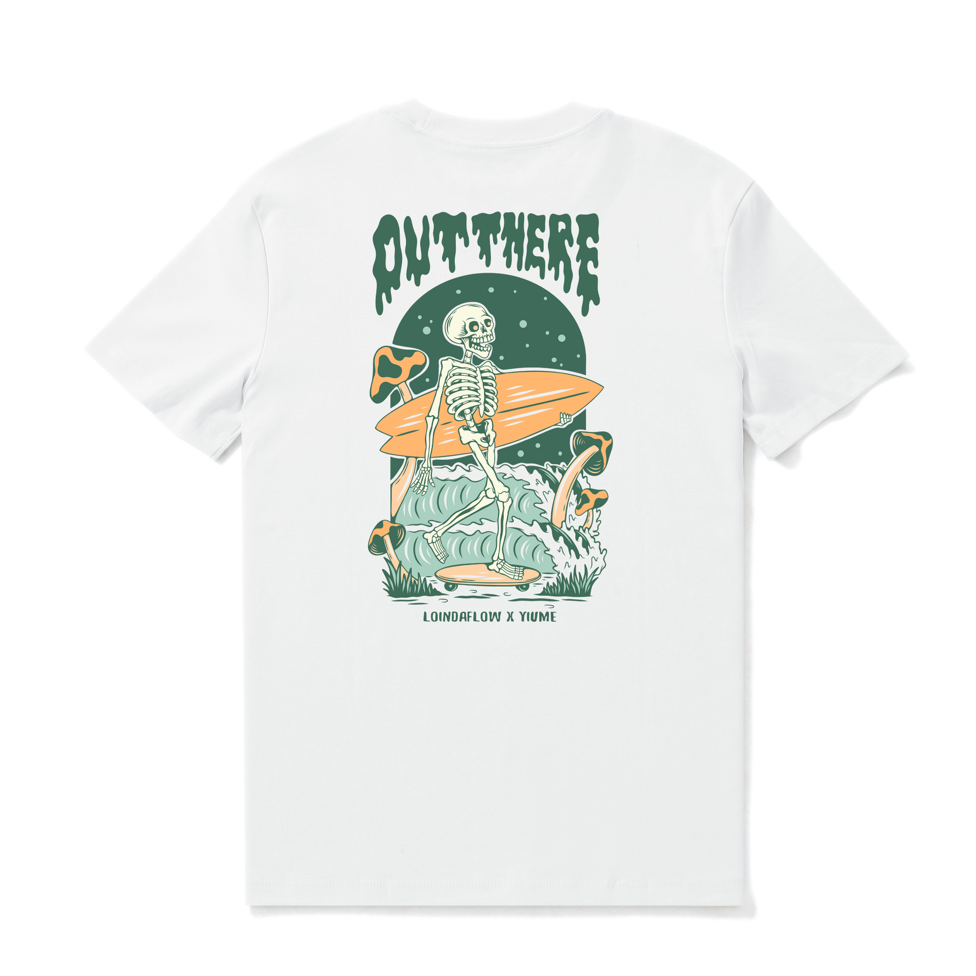 White crew neck t-shirt with Out There graphic print