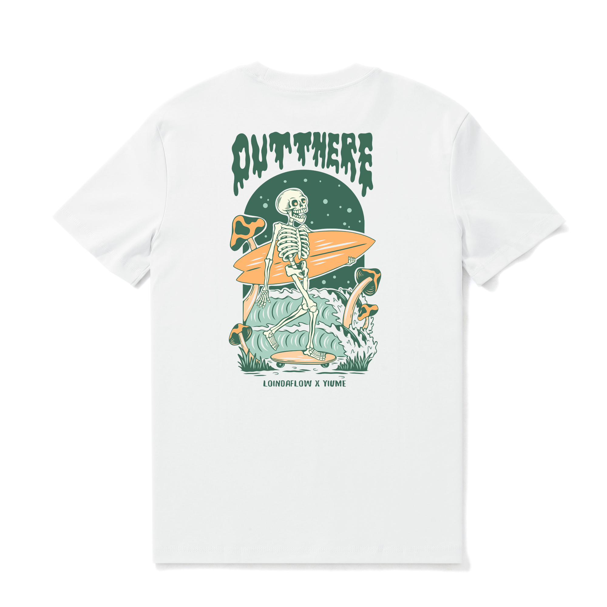 White crew neck t-shirt with Out There graphic print