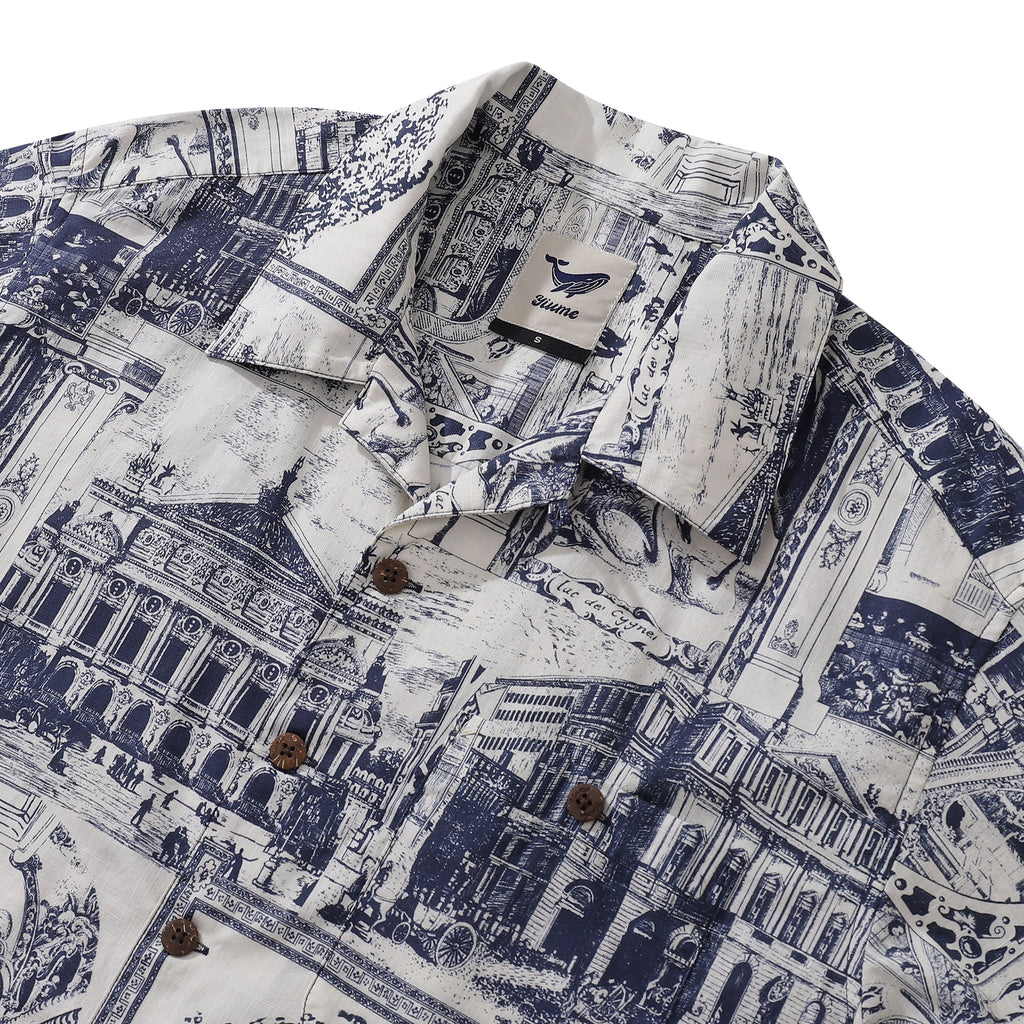 Men's Artistic Blue & White European Scene Cotton Camp Collar Shirt