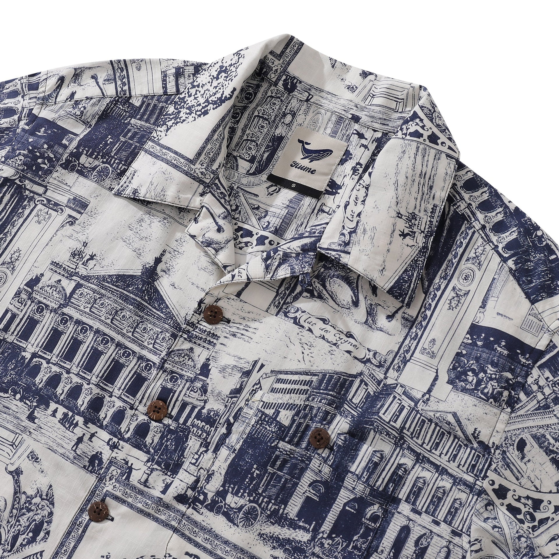 Men's Artistic Blue & White European Scene Cotton Camp Collar Shirt
