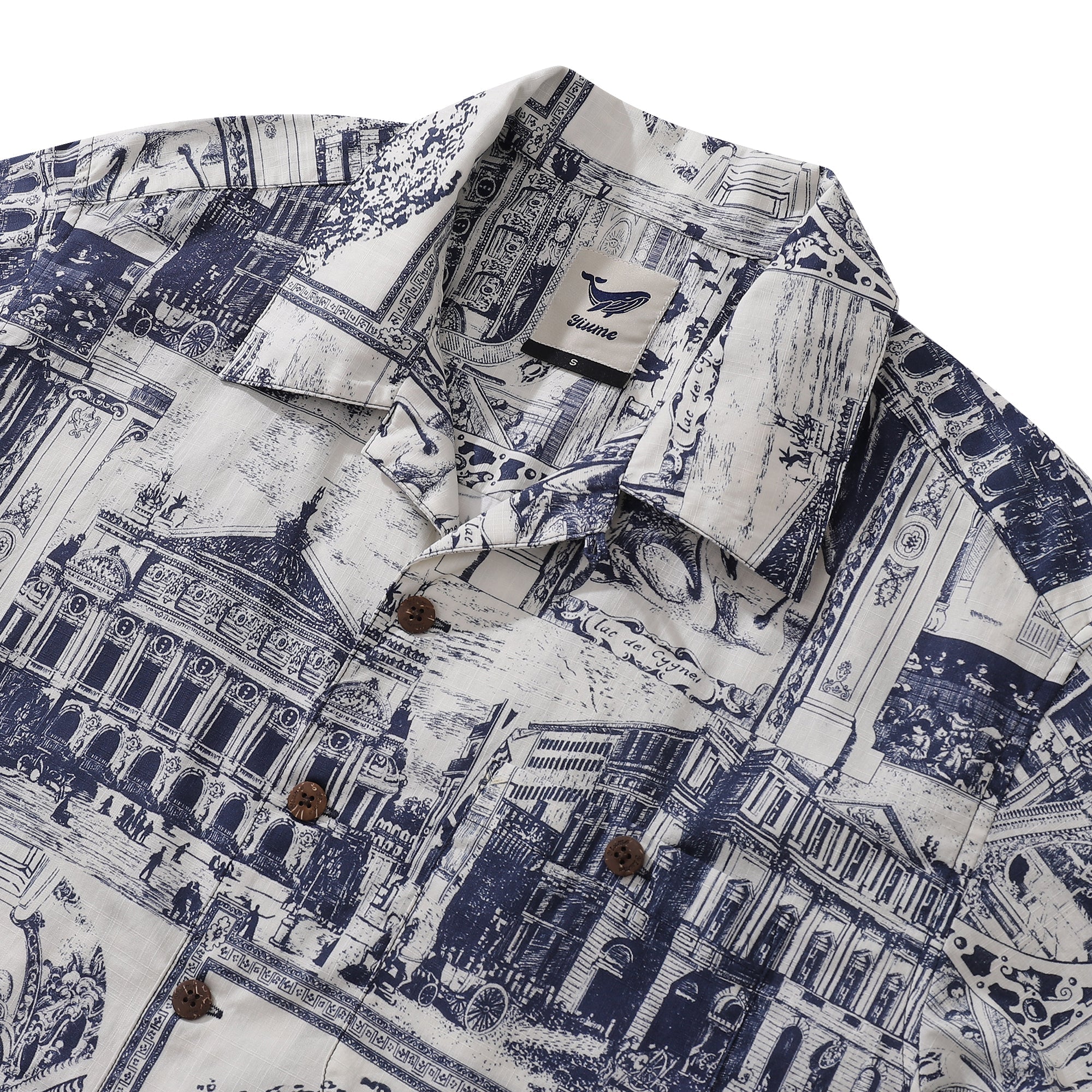 Men's Artistic Blue & White European Scene Cotton Camp Collar Shirt