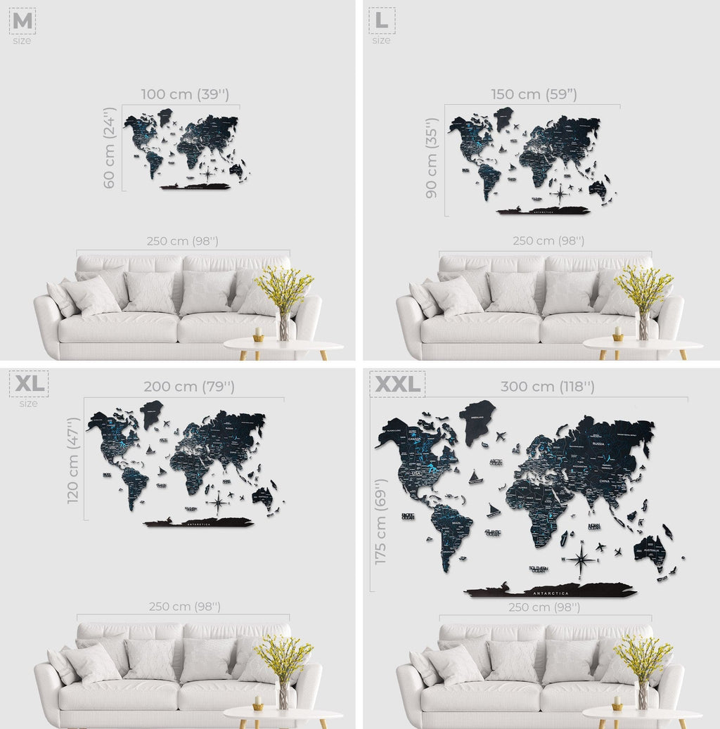 Wooden World Map Black Wall Art Decor for Living Room Office