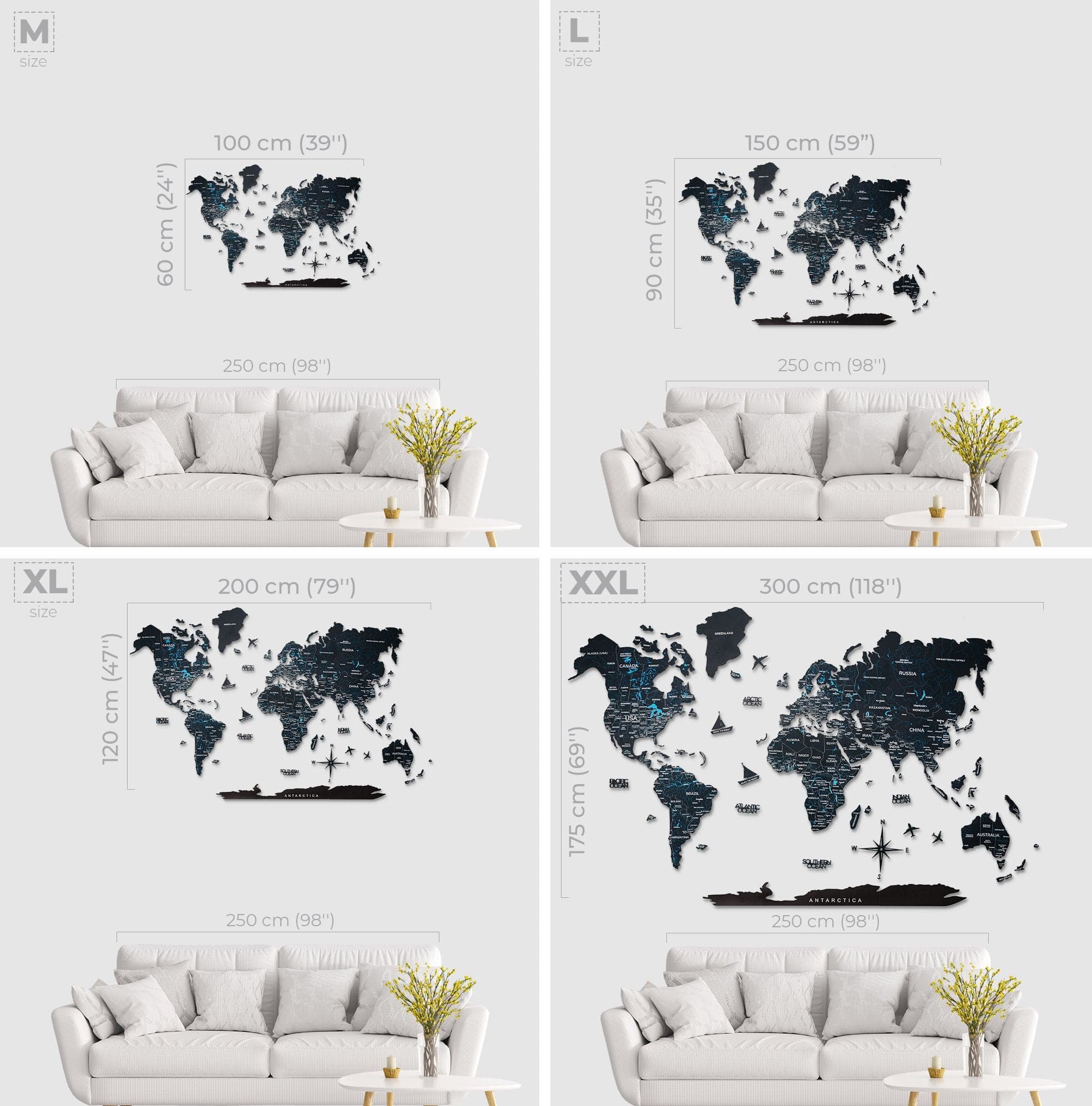 Wooden World Map Black Wall Art Decor for Living Room Office