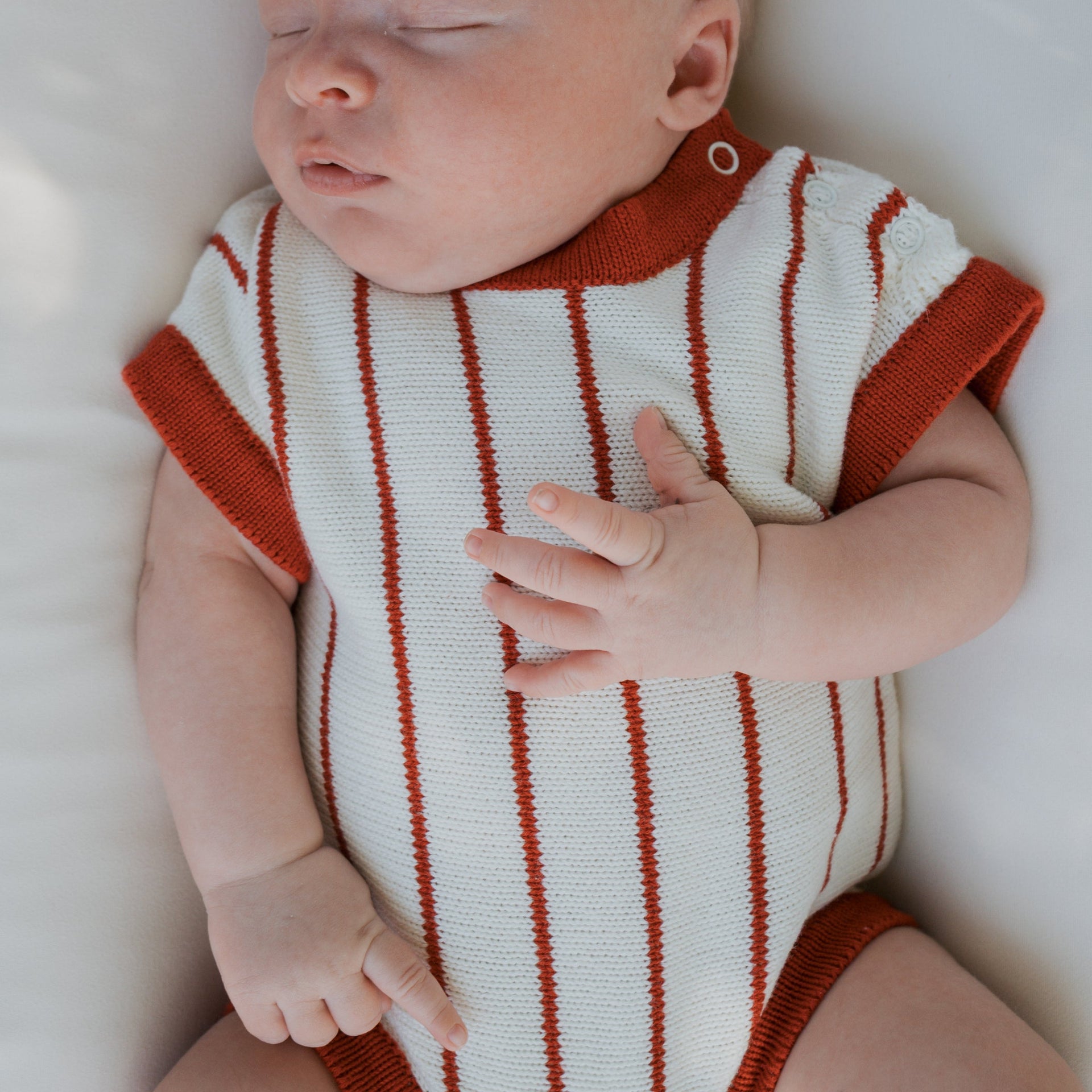 Unisex Knit Romper in Off-White and Red Pinstripe