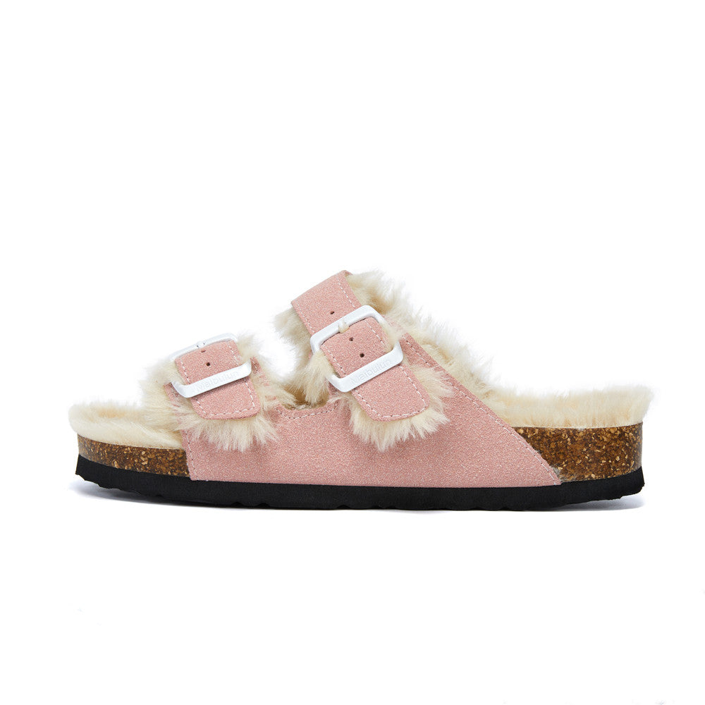 Women's Fur-Lined Adjustable Buckle Clog Slippers for Indoor Outdoor