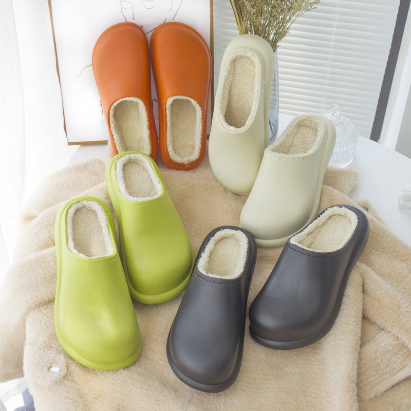 Women's waterproof plush indoor slippers with 6cm thick sole in olive green