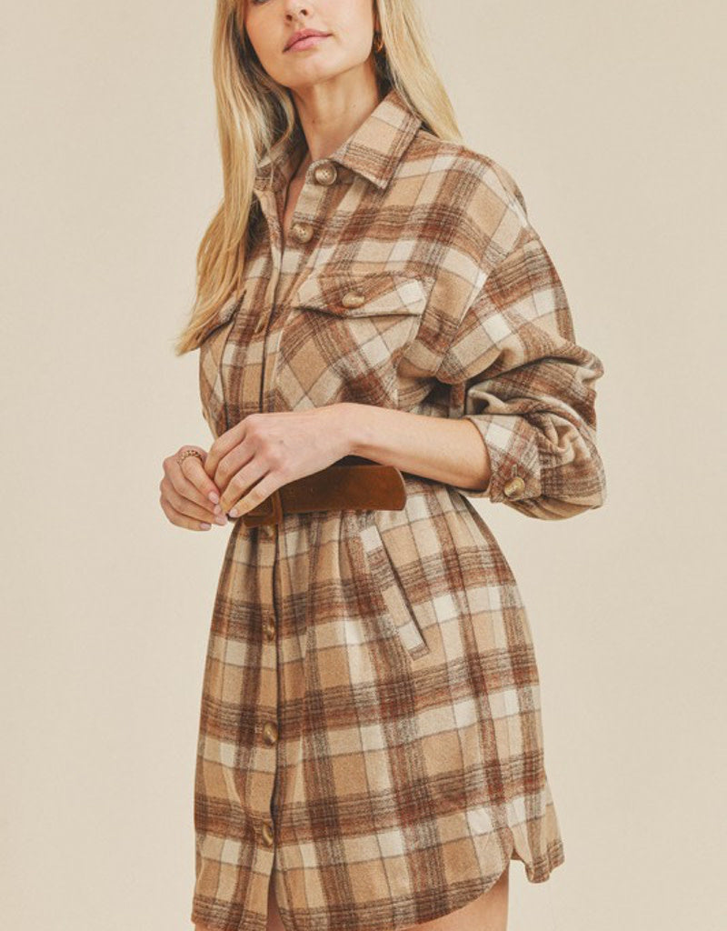 Benny Plaid Shirt Dress in Beige and Brown Preppy Casual