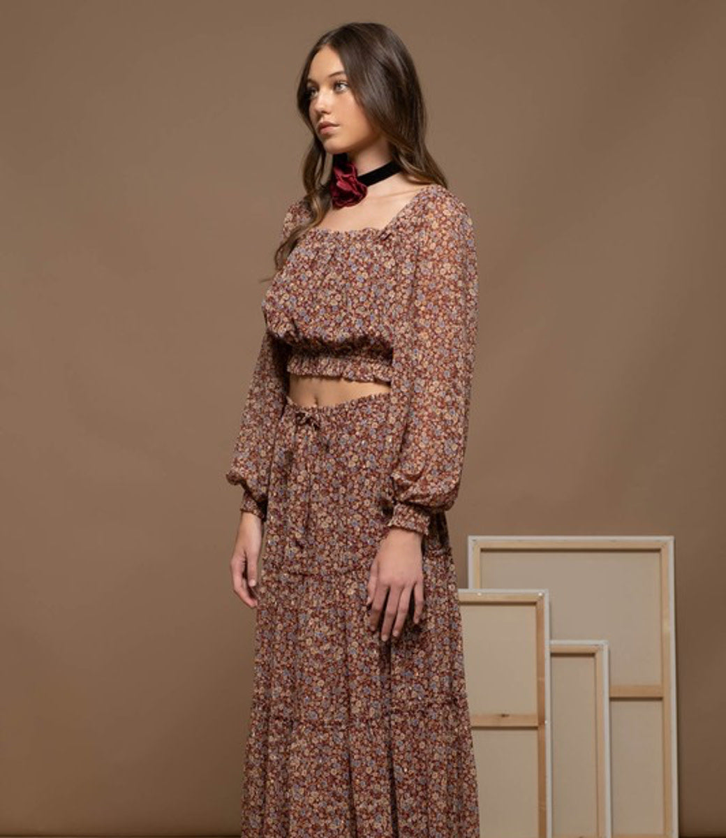 Lennox Floral Square Neck Long Sleeve Crop Top in Burgundy