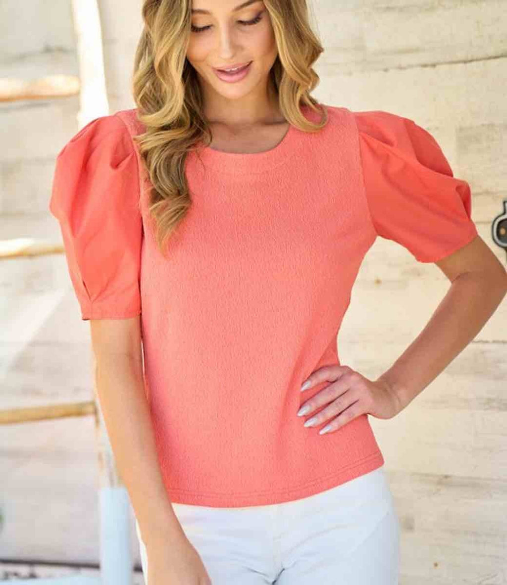 Textured Knit Poplin Sleeve Top in Coral Short Sleeve Blouse