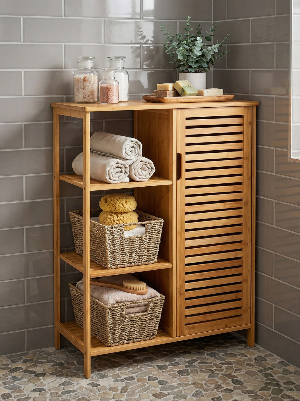4-Tier Bamboo Floor Cabinet with Doors for Minimalist Storage