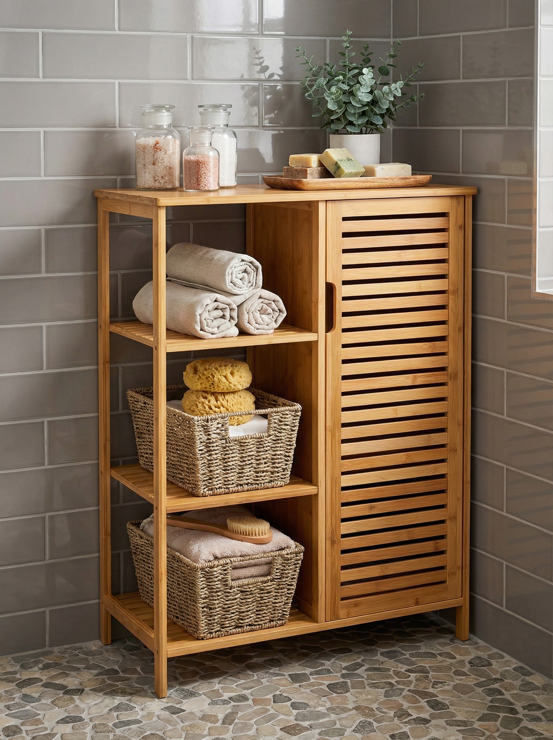 4-Tier Bamboo Floor Cabinet with Doors for Minimalist Storage