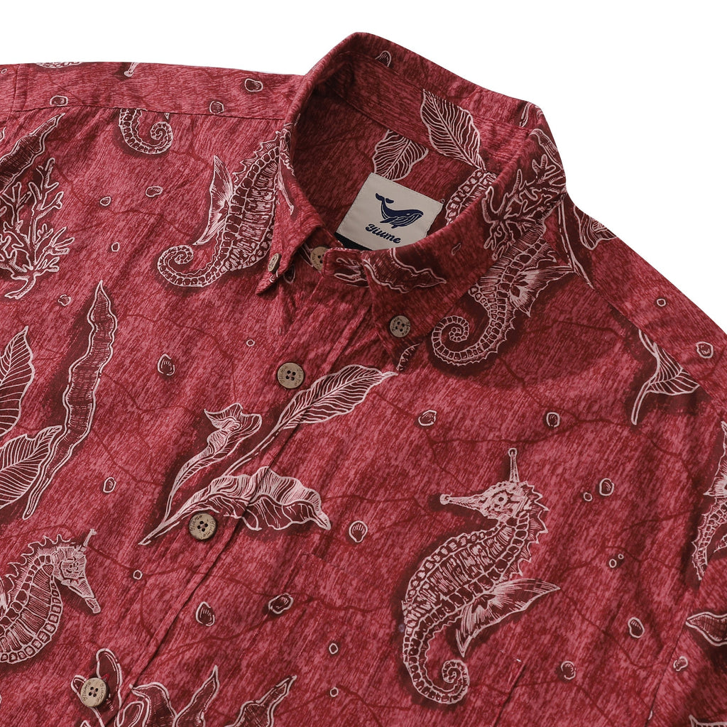 Red Seahorse Print 100% Cotton Short Sleeve Hawaiian Shirt