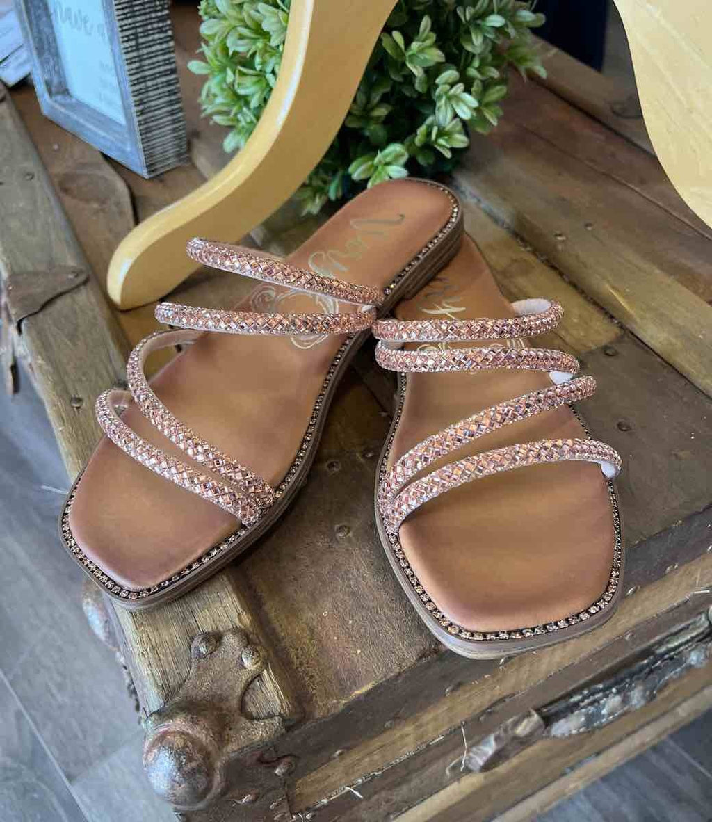 Jackie Criss Cross Rhinestone Sandal in Rose Gold featuring sparkling straps