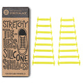 Set of 16 yellow stretchy tieless silicone elastic shoelaces shown next to their recyclable packaging box.