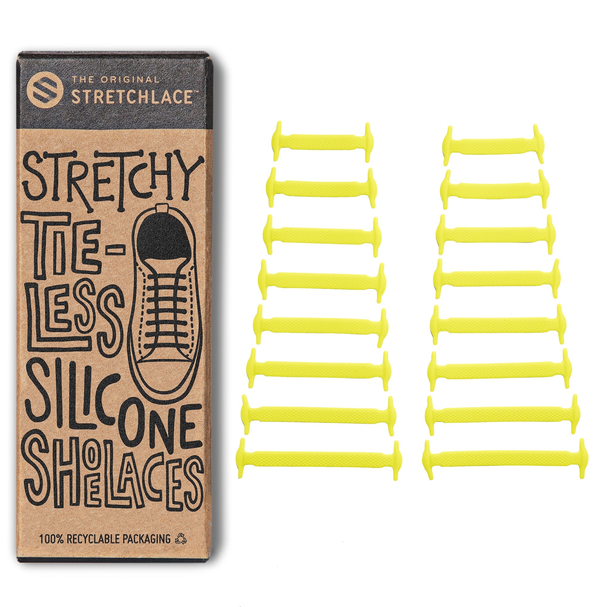 Set of 16 yellow stretchy tieless silicone elastic shoelaces shown next to their recyclable packaging box.