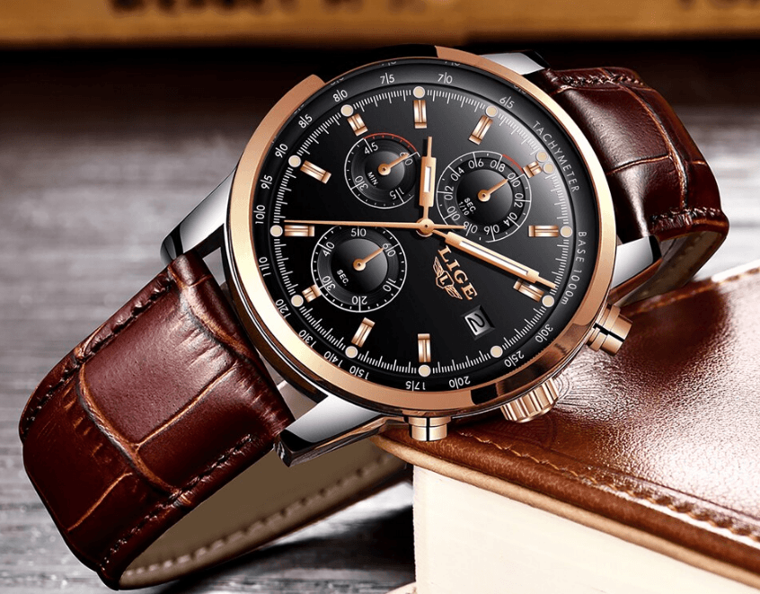 Waterproof Men's Quartz Watch with Chronometers and Brown Strap