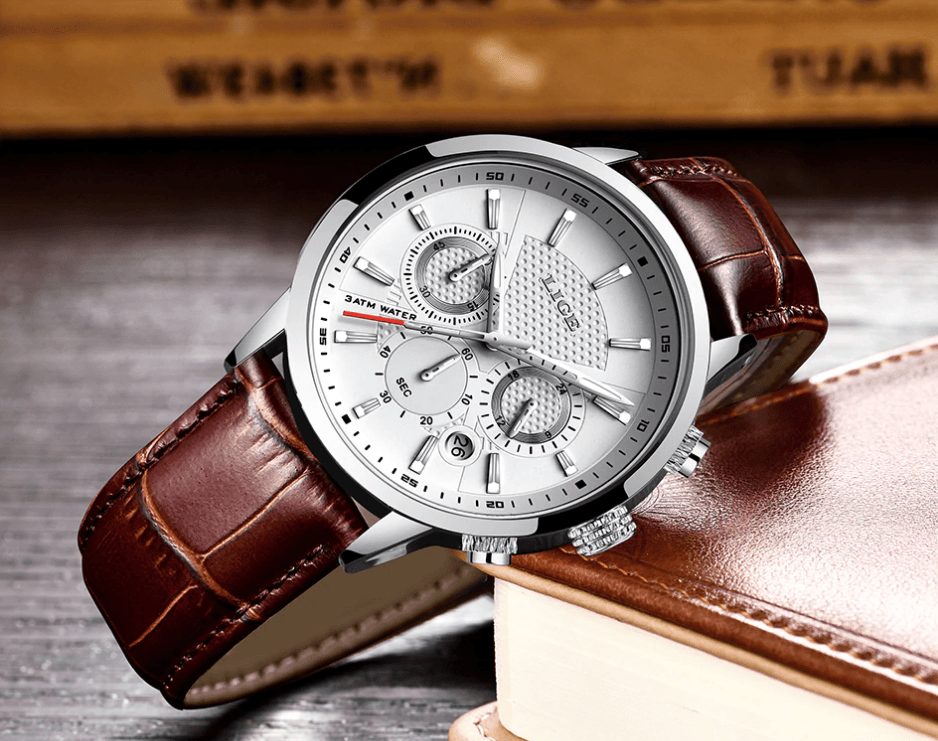 Men's Waterproof Chronograph Sport Watch with Leather Strap